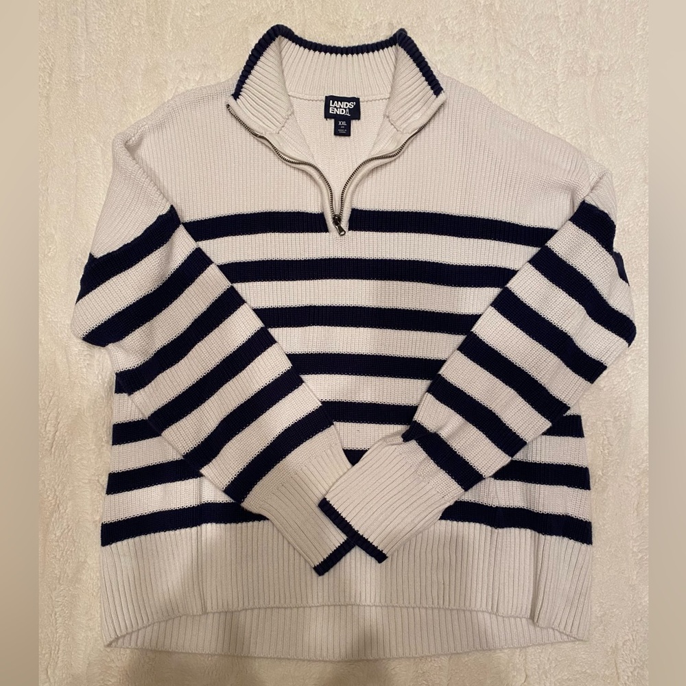 Lands' End Woman's Navy and White Striped Zip-Up Sweater